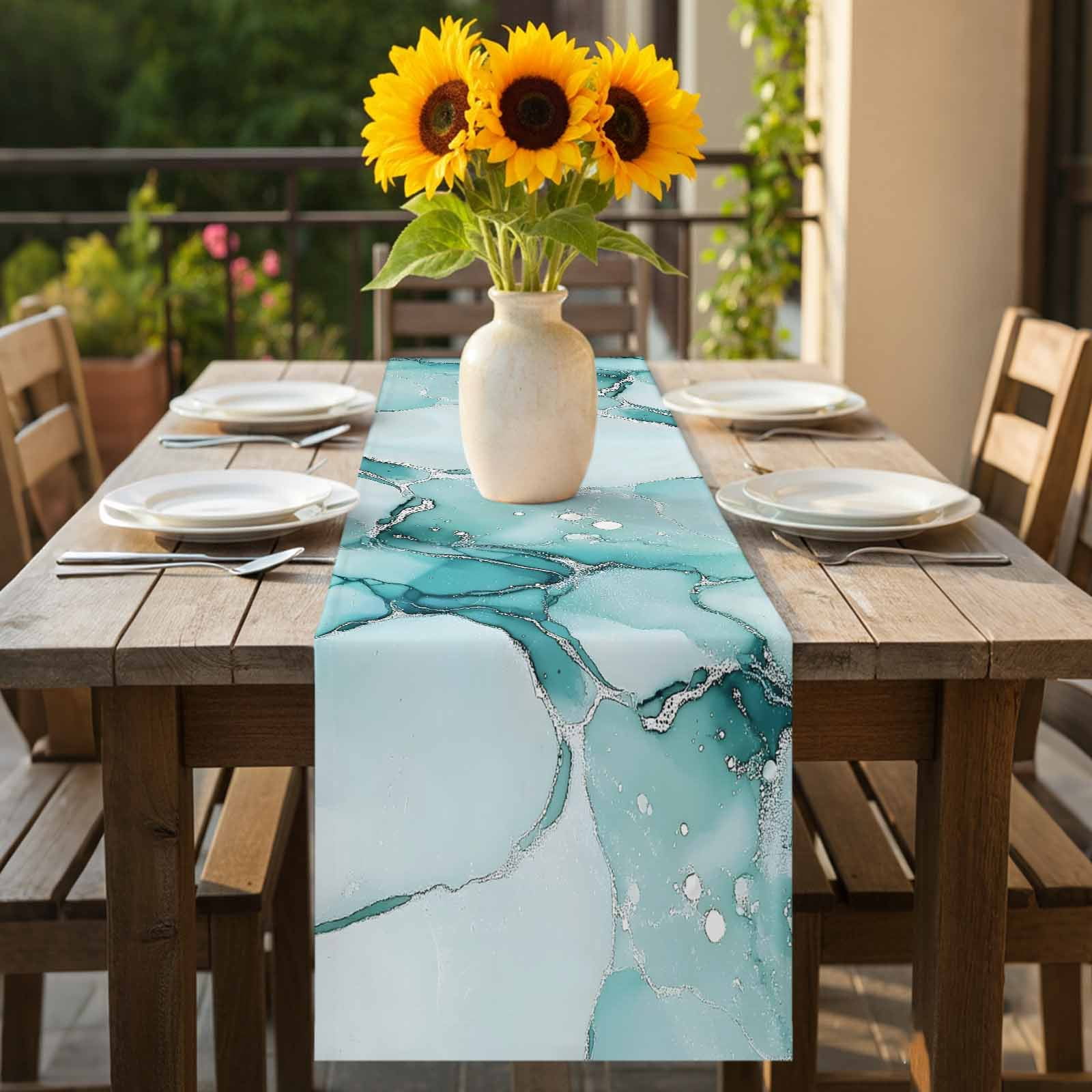 Teal Marble Gradient Water Ripple Table Runner-70 Inch Long Abstract ...