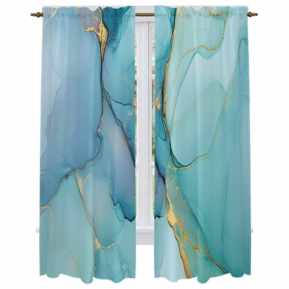 Teal Marble Kitchen Curtains, Modern Abstract Ink Painting Art Luxury Light Filtering Window Curtain Panels, 2Pcs Rod Pocket Window Treatments Set for Living Room Bathroom Bedroom 52x72 Inches