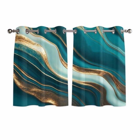 Teal Marble Kitchen Curtains Window Panels, Modern Abstract Gold Fluid Art Insulated Window Treatment Curtain, Grommet Curtains for Bedroom/Living Room/Bathroom, 2 Piece 42"Wx54"L