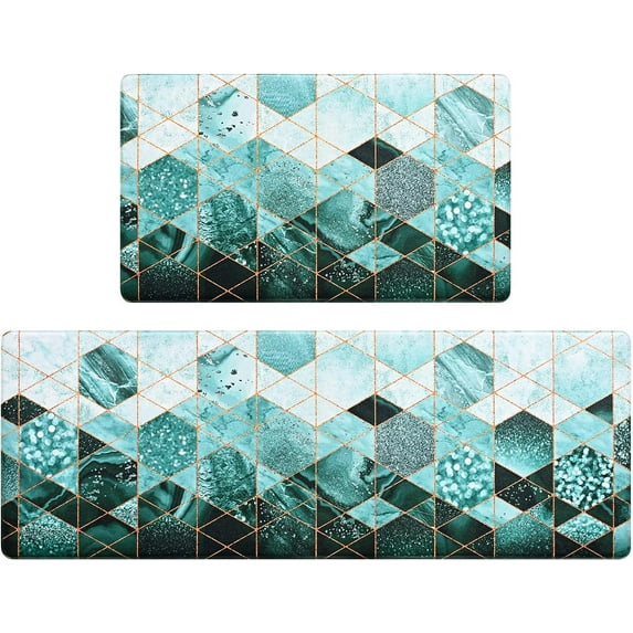 Teal Marble Kitchen Rugs Sets of 2, Non Slip Washable Kitchen Mats Cushioned Anti Fatigue Modern Comfort Standing Cushioned Kitchen Rugs and Mat Waterproof Abstract 17'''' x 30'''' + 17'''' x 47 ''''