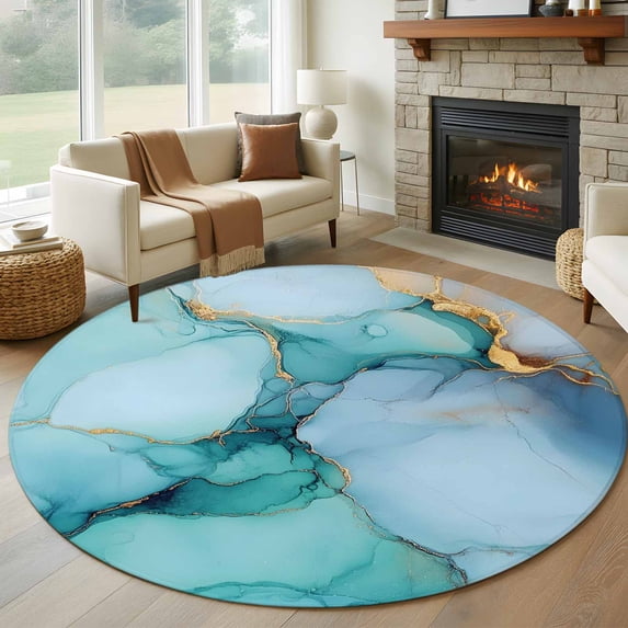 Teal Marble Large Round Rug 8 FT, Non Slip Living Room Area Carpet, Contemporary Ink Painted Abstract Art Washable Soft Circle Rug Non-Shedding Floor Carpet for Bedroom Office Dining Room