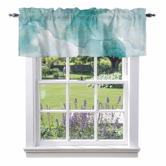 Teal Marble Light Filtering Valance Curtains, Golden Lines Modern Rod Pocket Short Window Valance for Kitchen and Bathroom Windows 1 Panel 42"x12"