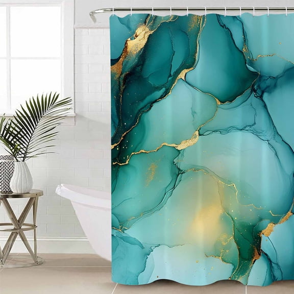 Teal Marble Long Shower Curtain Set, Waterproof Shower Curtains for Bathroom, Abstract Modern Ink Painting Art Washable Fabric Cloth Bath Curtain for Bathtub Decoration with Hooks 72x84 Inches