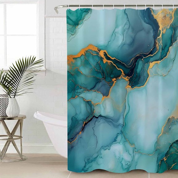 Teal Marble Long Shower Curtain Set, Waterproof Shower Curtains for Bathroom, Modern Abstract Art Luxury Yellow Washable Fabric Cloth Bath Curtain for Bathtub Decoration with Hooks 72x84 Inches
