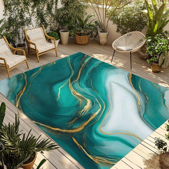Teal Marble Outdoor Rug for Patio/Deck/Porch, Non-Slip Large Area Rug 5 x 7 Ft, Modern Gradient Abstract Gold Fluid Art Indoor Outdoor Rugs Washable Area Rugs, Reversible Camping Rug Carpet Runner