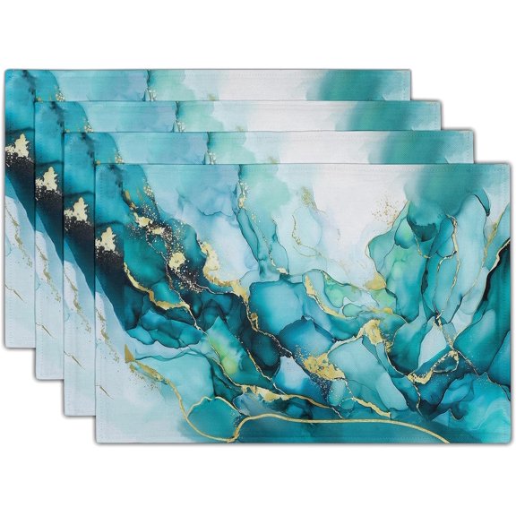 Teal Marble Placemats Set of 4- Turquoise Blue Gold Marbling Linen Place Mat 12x18 Inch- Modern Stone Print Washable Heat Resistant Table Mats for Kitchen Dining Indoor Outdoor Decor