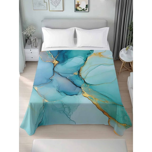 Teal Marble Queen Size Flat Sheet, Wrinkleproof & Fadeproof Cooling Flat Bed Sheet Only, Modern Abstract Ink Painting Art Luxury Breathable Soft Bedding Top Sheets 90 x 102 Inches