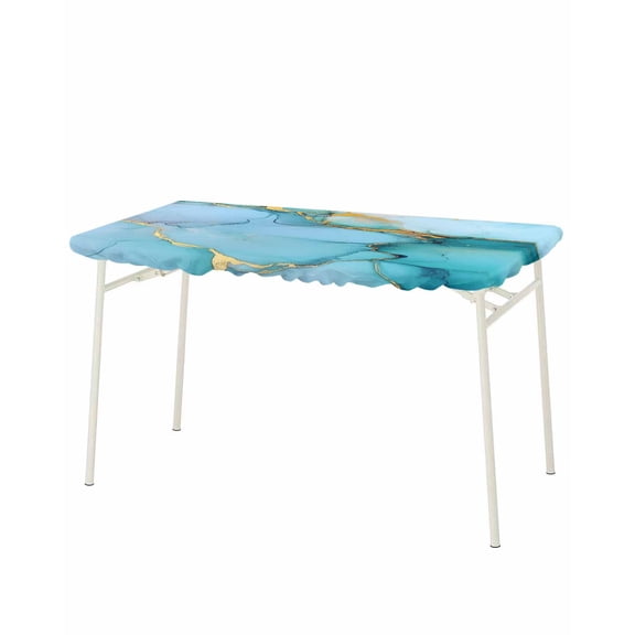 Teal Marble Rectangle Tablecloth, Waterproof Elastic Fitted Table Covers for 8 Foot Tables, 32x96inch Decorative Tablecloths for Picnic, Camping, Outdoor, Modern Ink Painting Luxury Modern Art