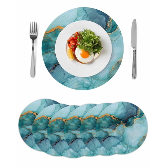 Teal Marble Round Placemats Set of 6 for Dinning Tables,Heat-proof Braided Table Mats 15 Inch,Modern Abstract Art Luxury Yellow Washable Place Mat for Kitchen Restaurant Party Decor Table Setting