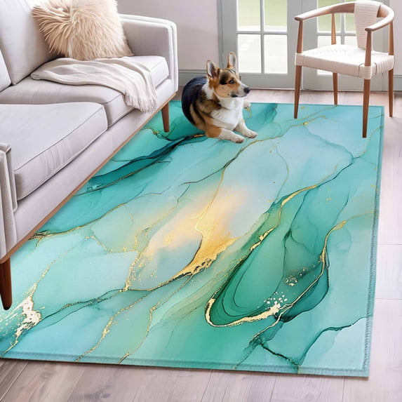 Teal Marble Runner Rug 2.7x5 FT, Non Slip Entryway Carpet, Abstract Art Modern Ink Painting Washable Soft Floor Carpet Entrance Mat Non-Shedding Throw Rug for Hallway Laundry Room Bedside