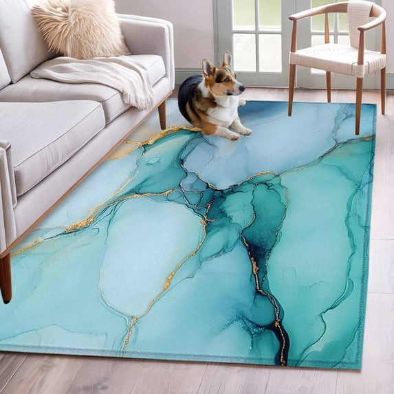 Teal Marble Runner Rug 2.7x5 FT, Non Slip Entryway Carpet, Contemporary Ink Painted Abstract Art Washable Soft Floor Carpet Entrance Mat Non-Shedding Throw Rug for Hallway Laundry Room Bedside