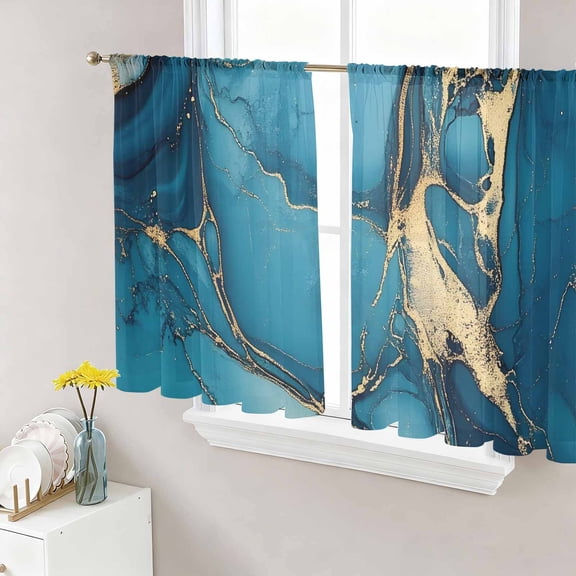 Teal Marble Sheer Curtains 45 Inch Length 2 Panels Set, Modern Abstract Yellow Ink Painting Voile Window Treatment Rod Pocket Small Kitchen Curtains Drapes for Bedroom 52"x45"x2