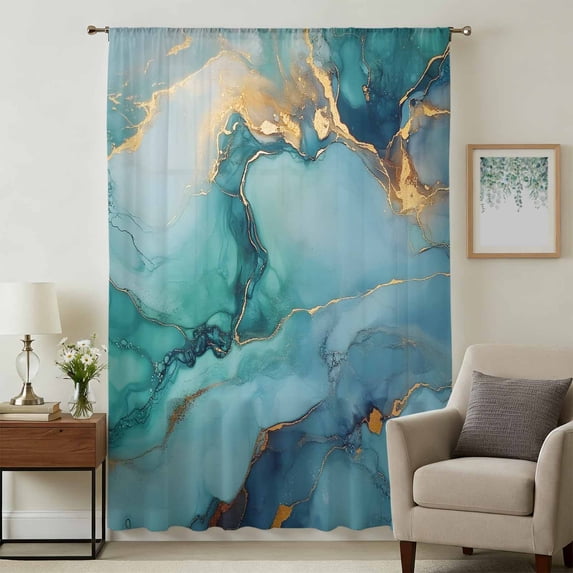Teal Marble Sheer Curtains 63 Inches Long, Impressionist Ink Painted Abstract Light Filering Curtains, Breathable Simi Curtain Privacy Drapes for Living Room Bedroom Lightweight Window Treatment