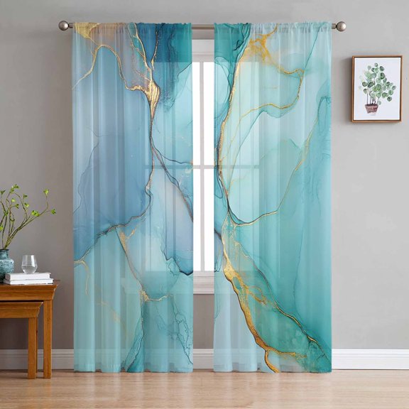Teal Marble Sheer Curtains 96 Inch Length 2 Panels Set for Living Room/Bedroom, Modern Abstract Ink Painting Art Luxury Semi Curtain Sheers Drapes Rod Pocket Curtains Window Treatment Set 52''x96''x2