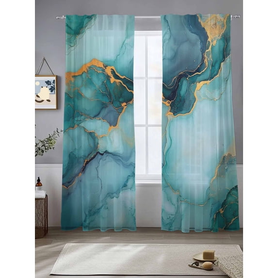 Teal Marble Sheer Curtains for Living Room Bedroom Modern Abstract Art Luxury Yellow Sheer Curtains 108 Inch Long 2 Panels Set Light Filtering Curtain Window Treatments Drapes for Dining Room