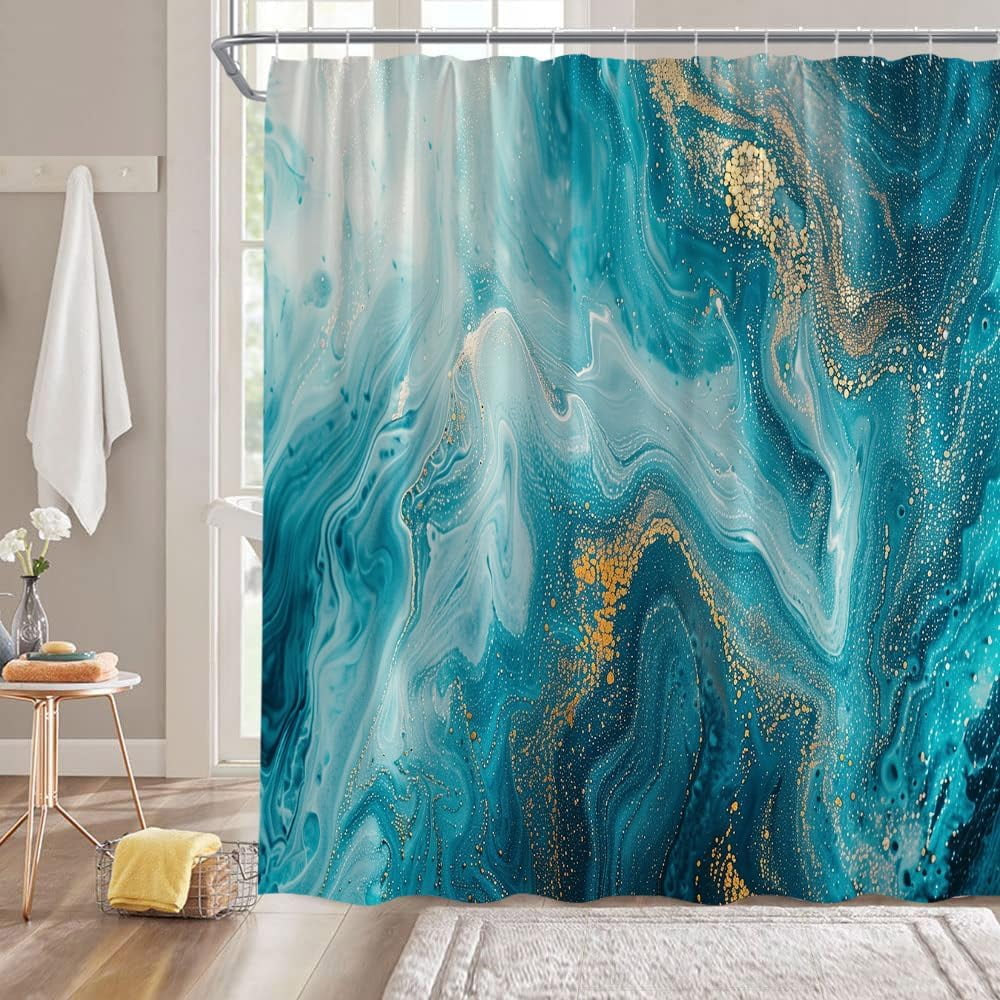 Teal Marble Shower Curtain Modern Abstract Gold Marble Texture Stripes Cracked Lines Minimalist