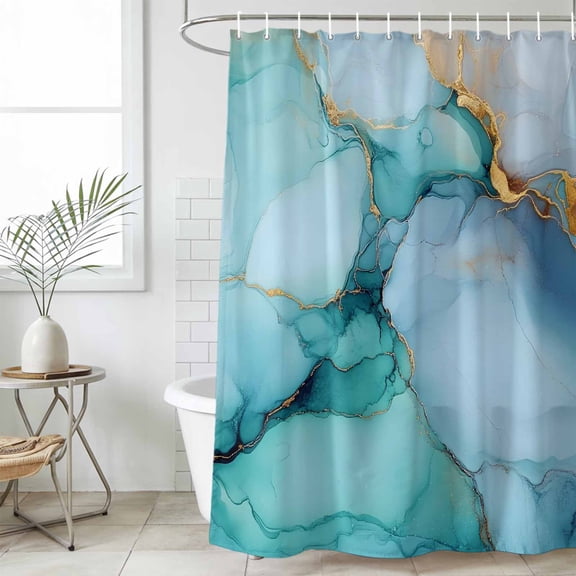 Teal Marble Shower Curtain Set, Waterproof Shower Curtains for Bathroom, Contemporary Ink Painted Abstract Art Washable Fabric Cloth Bath Curtain for Bathtub Decoration with Hooks 48x72 Inches