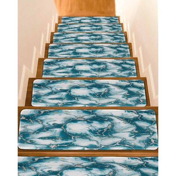 Teal Marble Stair Treads Modern Abstract Art Teal Waves Fluid Gold Dot Indoor Non Slip Peel and Stick Stair Treads for Wooden Steps 7 PCS, Soft Adhesive Staircase Mats Runner Rugs 8"x30"