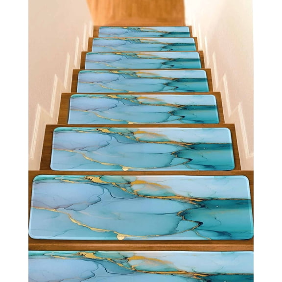 Teal Marble Stair Treads for Wooden Steps Indoor Runner Rug Carpet, Modern Ink Painting Luxury Modern Art 4 Pieces Peel and Stick Staircase Step Treads Covers Washable Throw Door Mats, 30"x8"