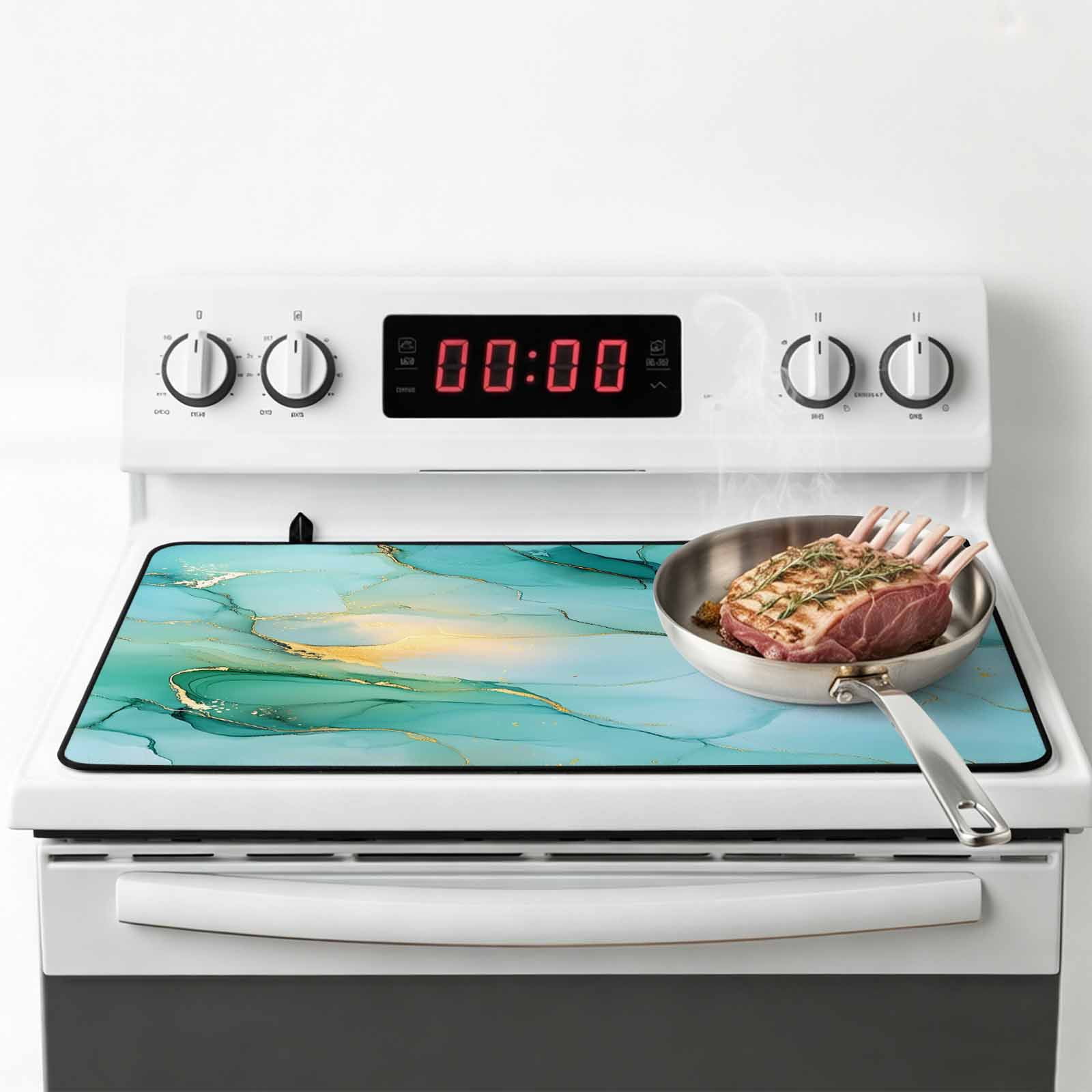 Teal Marble Stove Top Cover for Electric Stove, Heat-proof & Non Slip Glass Top Stove Cover Protector, Abstract Art Modern Ink Painting Kitchen Flat Cooktop Rubber Mat 24x21 Inches