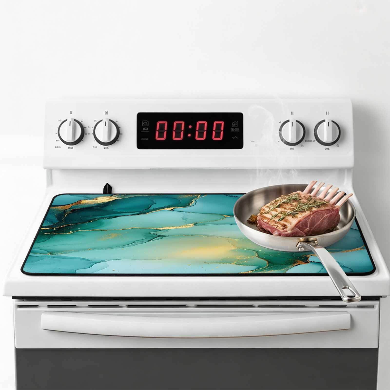 Teal Marble Stove Top Cover for Electric Stove, Heat-proof & Non Slip Glass Top Stove Cover Protector, Abstract Modern Ink Painting Art Kitchen Flat Cooktop Rubber Mat 24x21 Inches