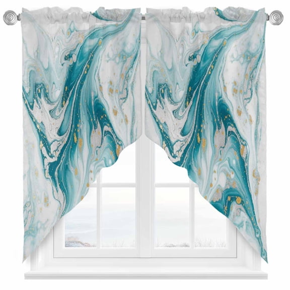 Teal Marble Swag Kitchen Curtain Valances, Modern Abstract Art Teal Gold Waves Fluid Rod Pocket Curtains Window Treatment Decor Valances for Bedroom Bathroom, 2 Panels 36 x 36 Inch