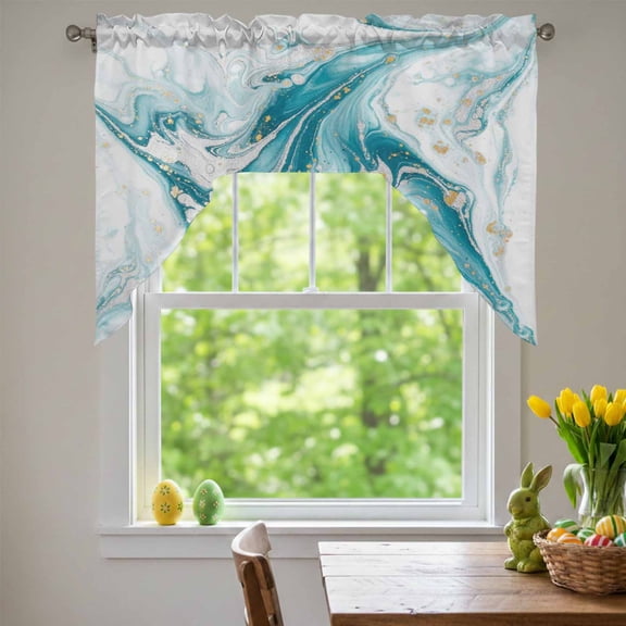 Teal Marble Swag Valances for Kitchen Window, Modern Abstract Art Teal Gold Waves Fluid Small Swag Valances Rod Pocket Curtain Drapes Window Treatment for Bedroom Bathroom, 56x36 Inch
