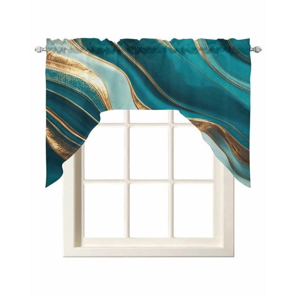 Teal Marble Swag Valances for Windows, Small Curtains Drapes, Modern Abstract Gold Fluid Art Kitchen Window Curtains Over Sink Rod Pocket Window Treatment Valance for Bedroom/Bathroom 56"x36"