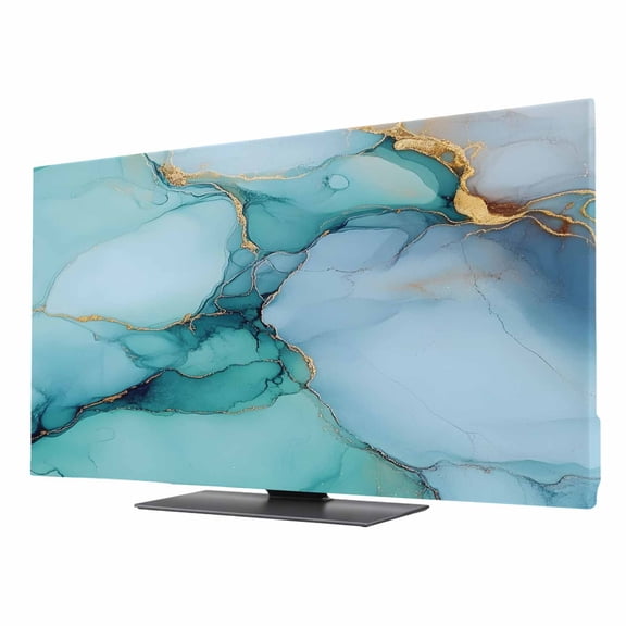 Teal Marble TV Cover for 85 Inch Screen, Stretch Fabric Dustproof TV Display Protector, Contemporary Ink Painted Abstract Art Elastic Slipcover Monitor Cover for Indoor Desktop Computer 74.1"x41.7"