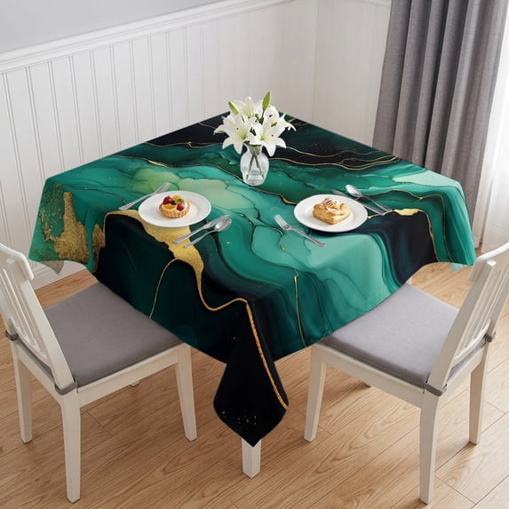 Teal Marble Table Cloth Waterproof Tablecloths, Modern Green Golden Abstract Ombre Texture Tablecloth Dining Table Cover for Kitchen Party Tabletop Outdoor, Square Tablecloth 54x54 Inch