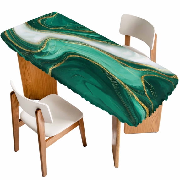 Teal Marble Table Cloths for 8 Foot Rectangle Tables, Modern Ombre Gold White Abstract Fluid Art Patio Waterproof Elastic Fitted Tablecloths, Washable Rectangular Table Cover for Camping