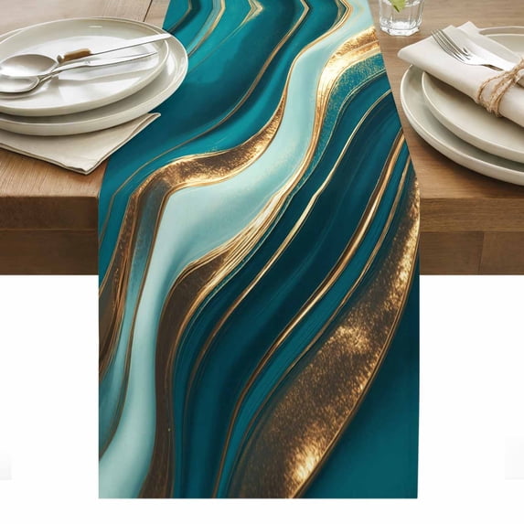 Teal Marble Table Runner - 70 Inch Long, Kitchen Dining Table Runner Dresser Scarves, Modern Abstract Gold Fluid Art Farmhouse Decor for Coffee Tables Wedding Party Banquet