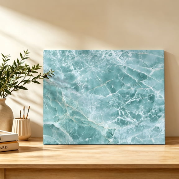 Teal Marble Texture Canvas Wall Art, Abstract Stone Grain Ocean Waves Seafoam Wall Art Prints Artwork Framed Canvas Ready to Hang Art Pictures for Bathroom, Dressing Table, Entryway 12" x 8"