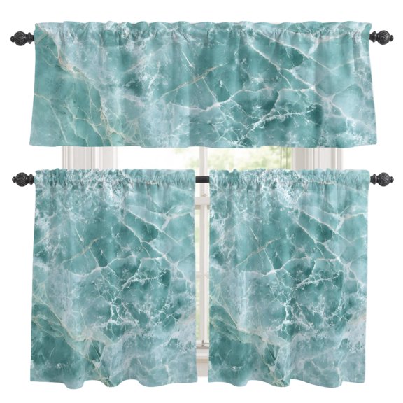 Teal Marble Texture Kitchen Curtains and Valances Set, Abstract Stone Grain Ocean Waves Seafoam Rod Pocket Window Valance Window Curtain Panels for Living Room Bedroom Laundry, 27.5x36in, 3 Pieces
