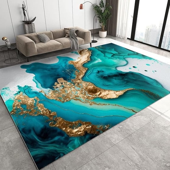 Teal Marble Texture Print Area Rug, Abstract Washable Rugs, Large Rug With Anti-Slip Backing Washable Indoor Carpet For Living Room Bedroom Study Dining Room 5x8ft