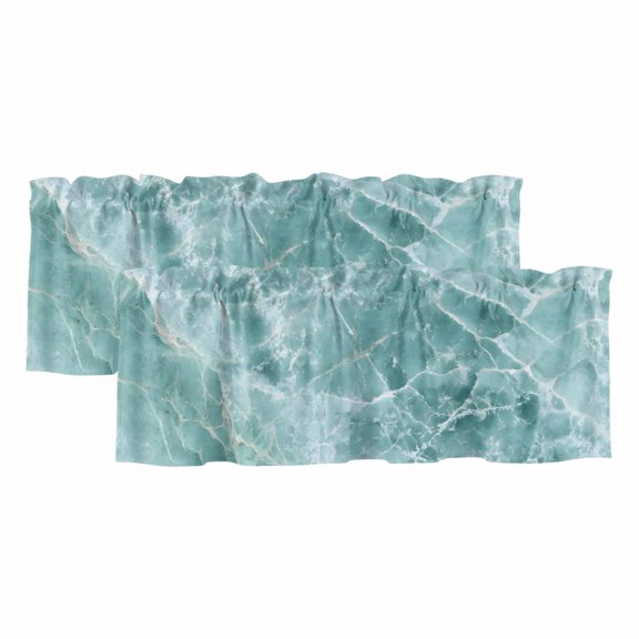 Teal Marble Texture Valances for Window 2 Pack, Abstract Stone Grain Ocean Waves Seafoam Rod Pocket Curtains Valances Light Filtering Short Curtains for Kitchen Bedroom Bathroom 42 x 18 Inch