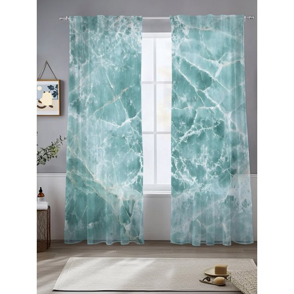 Teal Marble Texture Window Sheer Curtain Abstract Stone Grain Ocean Waves Seafoam Semi Curtain Sheers Light Filtering Rod Pocket Voile Drapes for Bedroom Kitchen Living Room 52 X 108 Inch, 2 Panels