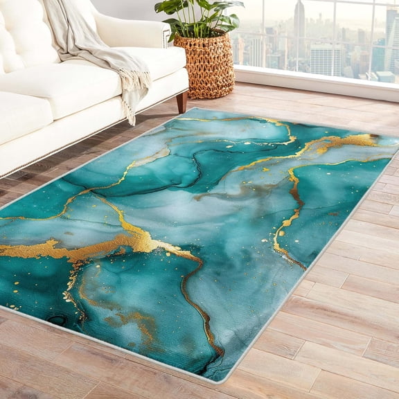 Teal Marble Throw Rugs, Abstract Texture Pattern Carpet, Washable Non Slip Low Pile Soft Rug for Entryway Kitchen Bedroom Decor Mat 2x3ft