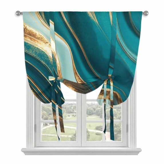 Teal Marble Tie Up Curtains for Windows, Adjustable Balloon Window Shades, Modern Abstract Gold Fluid Art Kitchen Window Treatments Farmhouse Short Curtains with Rod Pocket 42"x45"