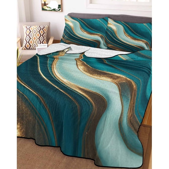 Teal Marble Twin Size Down Alternative Comforter, Lightweight Comforter Quilt Bedding Set with Pillow Shams Modern Abstract Gold Fluid Art All Seasons Bed Comforter Duvet Insert 68"x86"