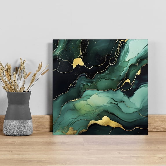 Teal Marble Wall Art Painting on Canvas, Modern Green Golden Abstract Ombre Texture Canvas Art Home Prints Wall Art Framed Modern Artwork for Living Room Bedroom Wall Decor 16x16in