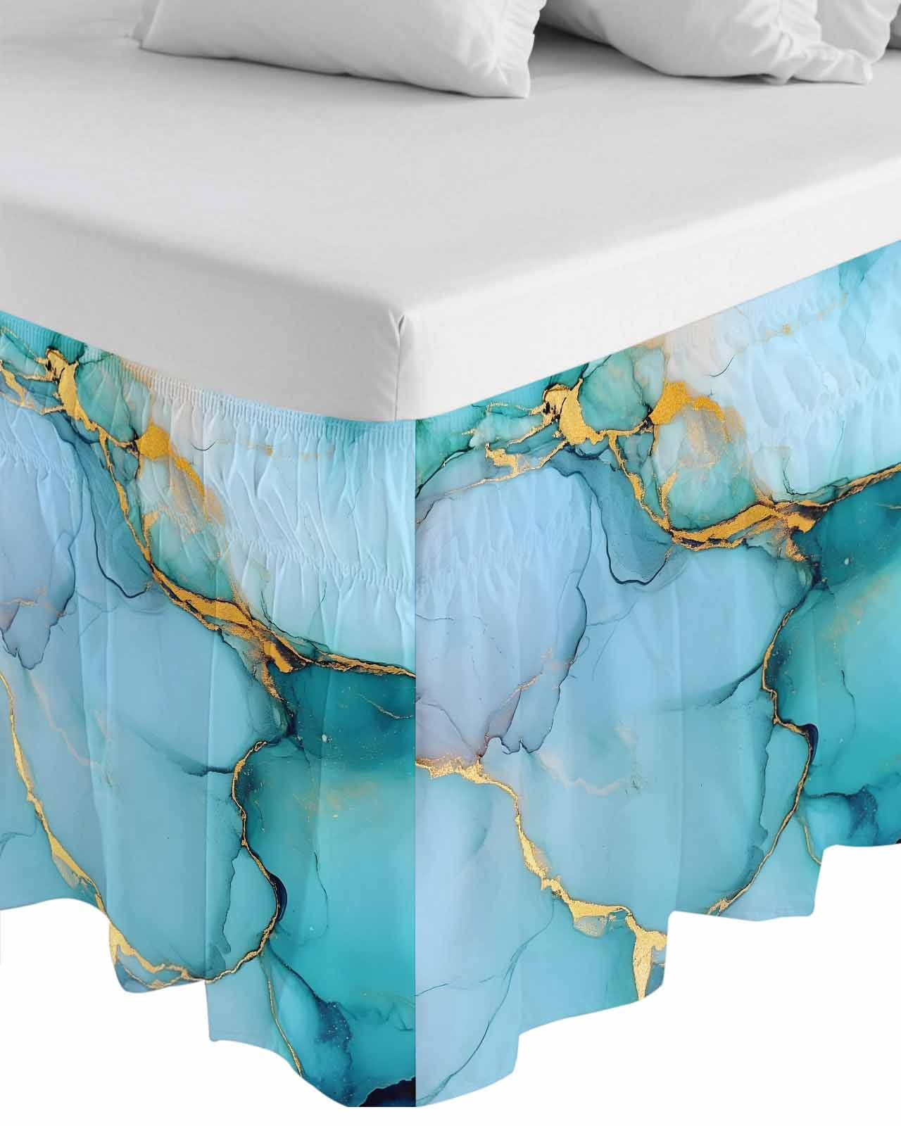 Teal Marble Wrap Around Bed Skirts for Queen Bed 16" Drop,Bed Skirt with Adjustable Elastic Belt Dust Ruffle Bed Valance for Bedroom Hotel Luxury Modern Ink Painting Luxury Modern Art Bed Frame Cover