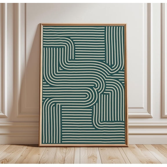 Teal Maze Minimal Geometric Abstract Line Art Wall Decor Unframed Paper Print