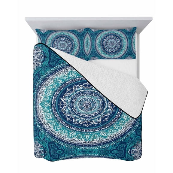 Teal Mediterranean 3 Piece Quilt Set Full Size, Art Boho Concentric Rings Royal Blue Artistic Soft Bedspread Coverlet Bedding Set Microfiber Lightweight Comforter Set with 2 Pillowcases for Bedroom