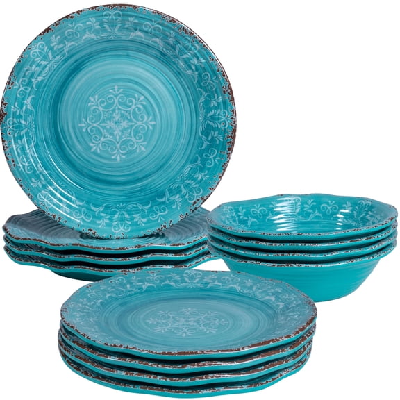 Teal Melamine Dinnerware Set, Service for 4, Scalloped Rim Farmhouse Style