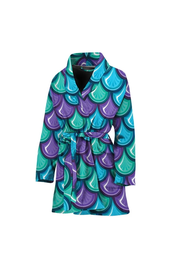 Teal Mermaid Scales Pattern Women Bathrobe One Size Univeral Fits Fashion Lightweight Plush Fleece Long Robe For Women