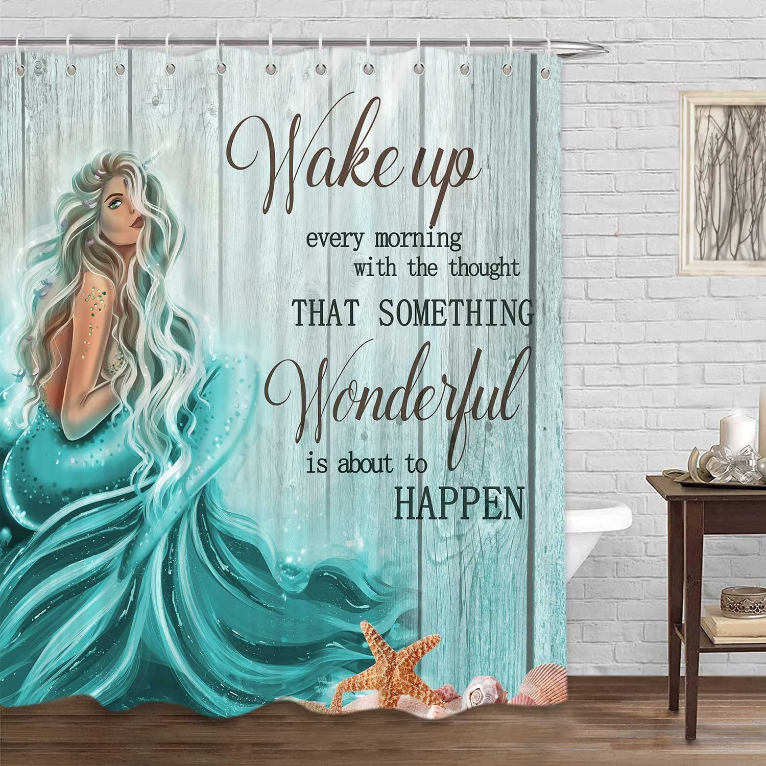Teal Mermaid Shower Curtain, Mermaid Tail Quote Inspirational Fabric Shower Curtains Set for Little Girls Women Bathroom, Nautical Ocean Theme Restroom Decor Accessories with Hooks 72X72inches
