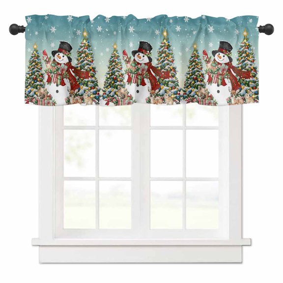 Teal Merry Christmas Snowman Valances for Windows Xmas Tree Winter Snowflake Deer Gift Rod Pocket Curtain Valance Window Treatment Short Curtains for Kitchen Living Room, 42"x12"