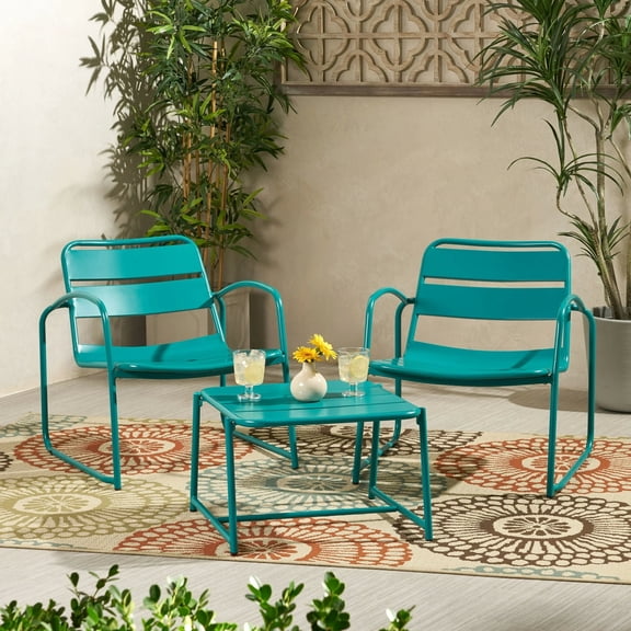 Teal Metal Outdoor Chat Set, 2 Chairs and Table, Open Slat Design for Small Patio Balcony