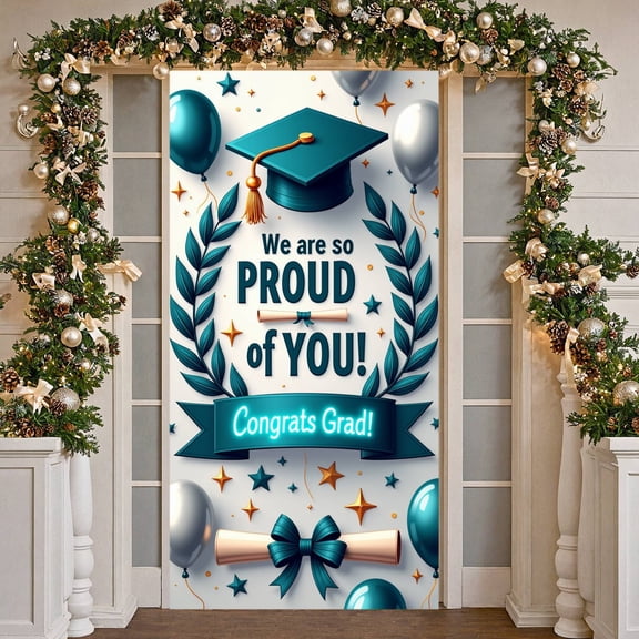 Teal Metallic Graduation Banner Gold Tassel Graduation Backdrop Neon Diploma Scroll Graduation Display for High School Graduation College Graduation Graduation Ceremony